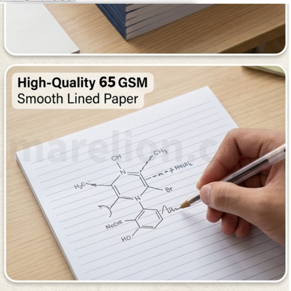 Hand writing a chemical formula on high-quality 65 GSM smooth lined paper with a pen.