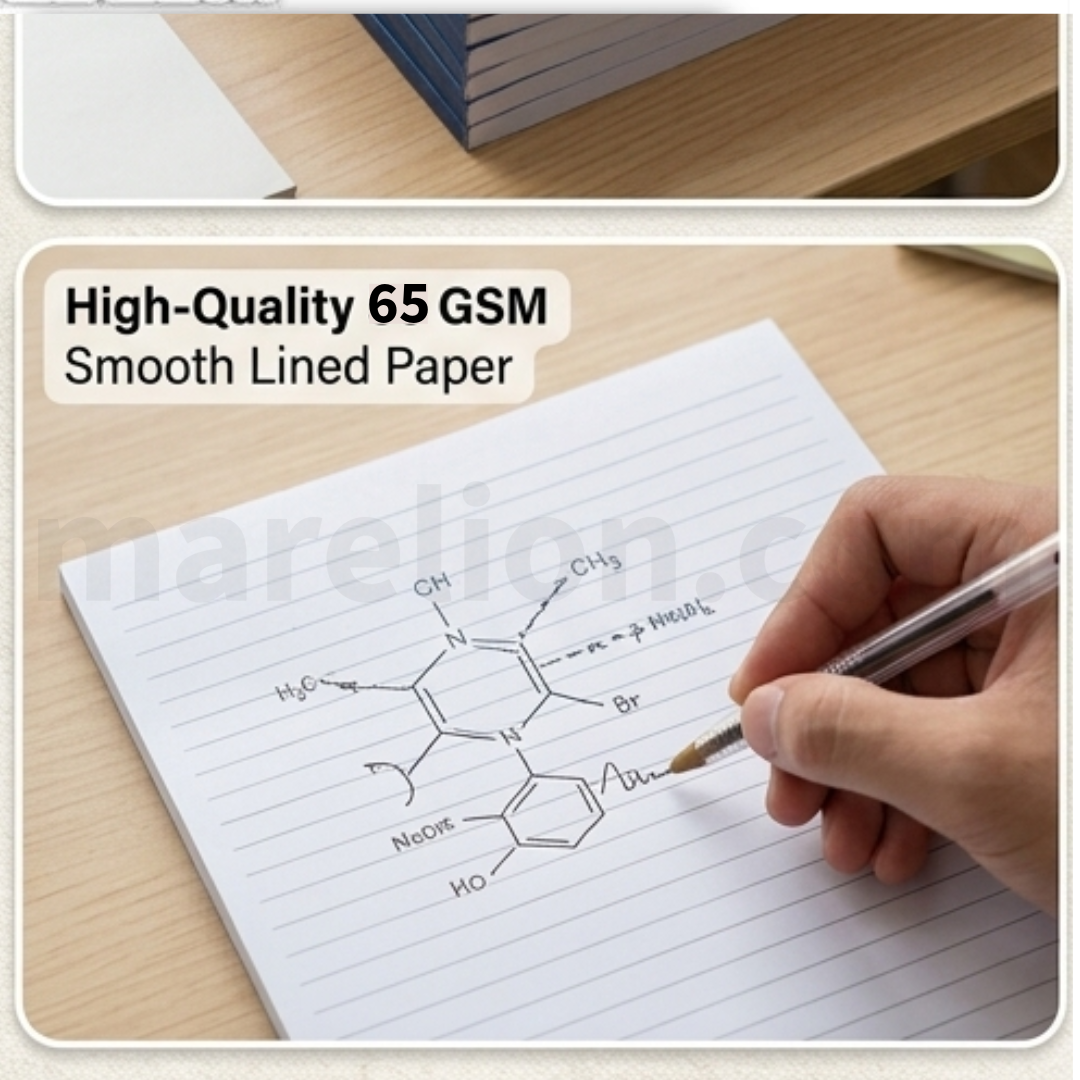 Hand writing a chemical formula on high-quality 65 GSM smooth lined paper with a pen.