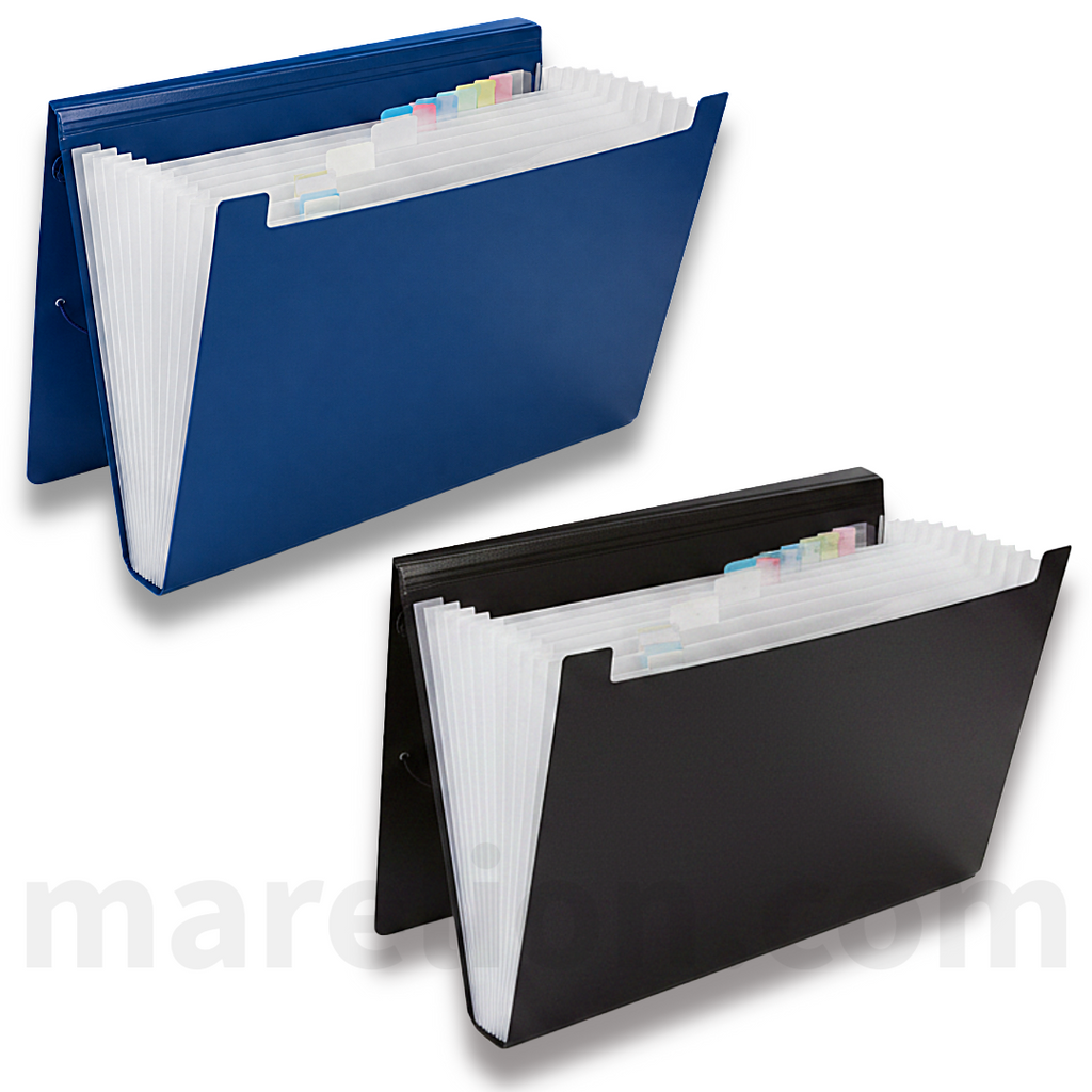 Blue and black expandable file folders with labeled sections on a white background.