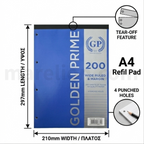 A4 refill pad with Golden Prime branding, showing dimensions and features on a white background.