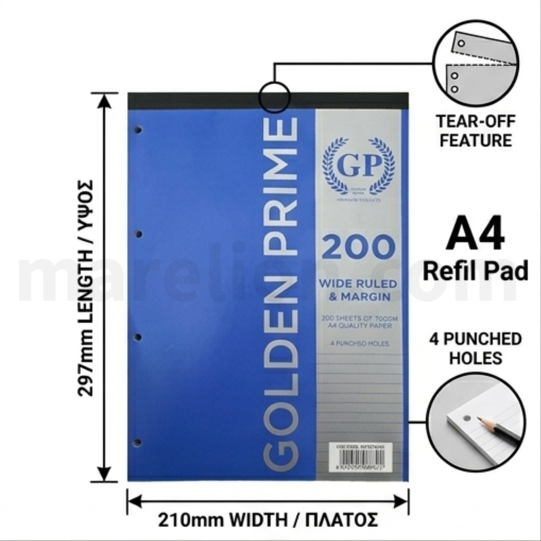 A4 refill pad with Golden Prime branding, showing dimensions and features on a white background.