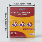 Mylar book covers packaging with dimensions and product details on a white background