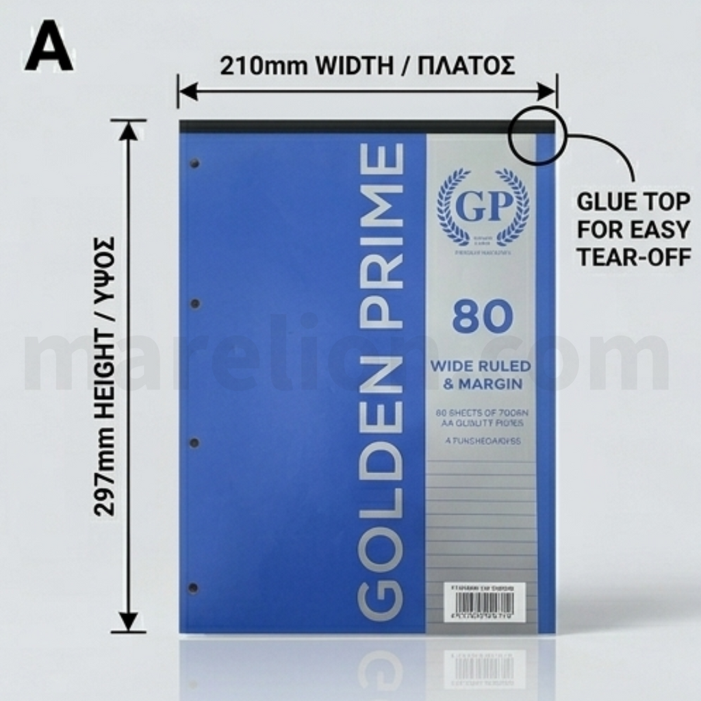 Blue notebook with dimensions and features labeled on a white background