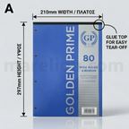 Blue notebook with dimensions and features labeled on a white background