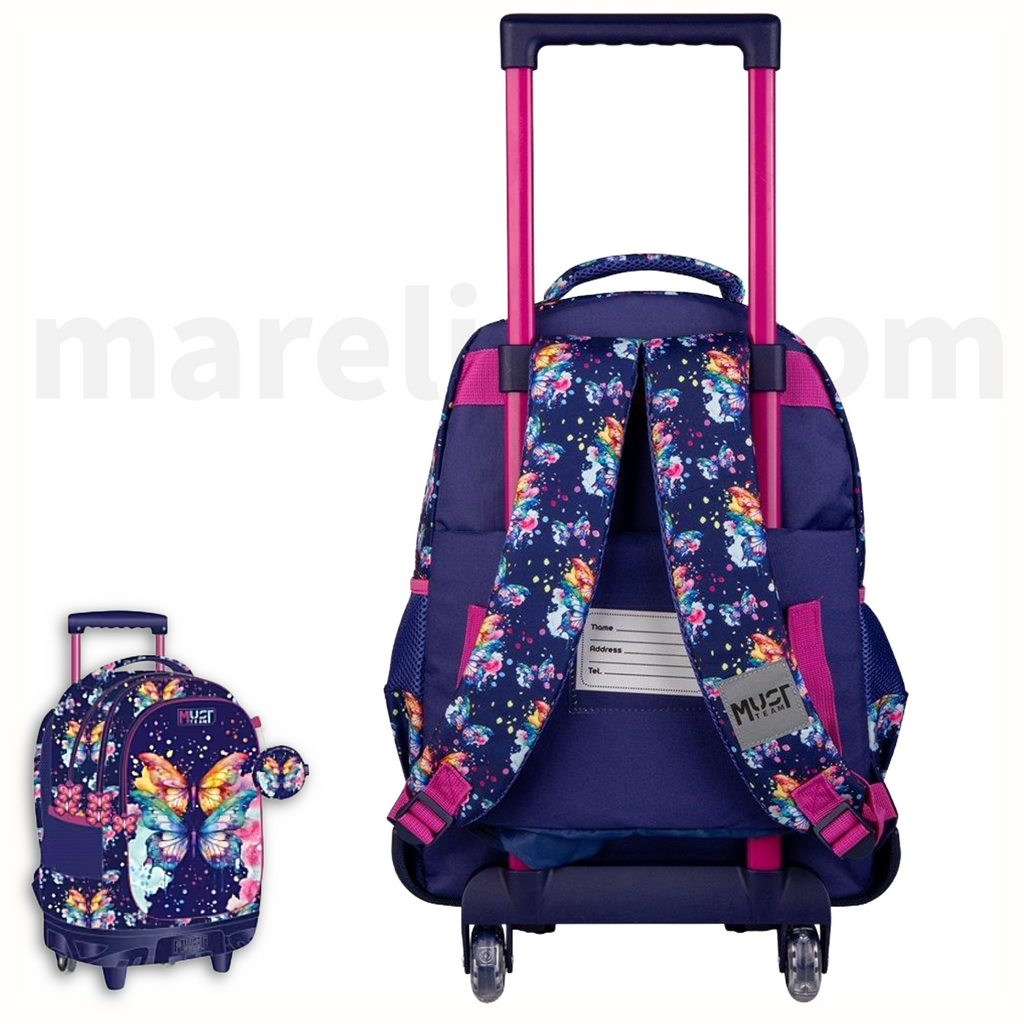 Must Butterfly Purple Trolley School Bag 3 Pockets - Σχολική Τσάντα Τρόλεϊ Δημοτικού