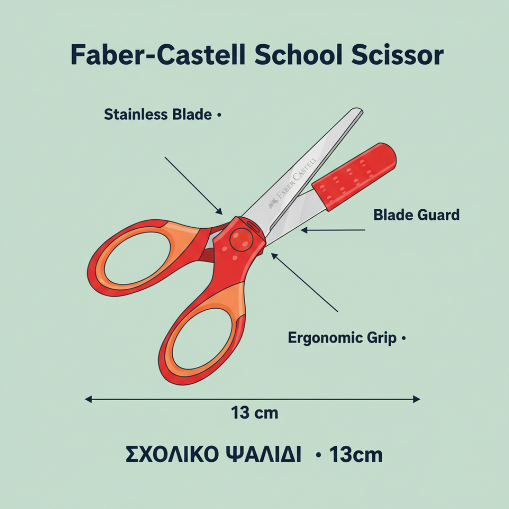 Faber-Castell School Scissor 13cm, 3 COLORS Grip with Blade Guard - Σχολικό Ψαλίδι
