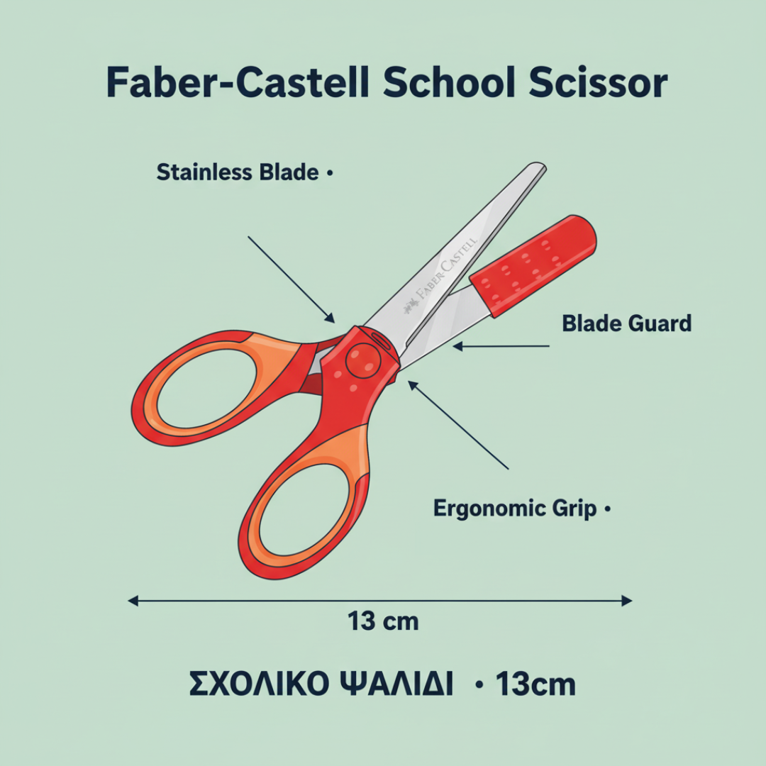 Faber-Castell School Scissor 13cm, 3 COLORS Grip with Blade Guard - Σχολικό Ψαλίδι