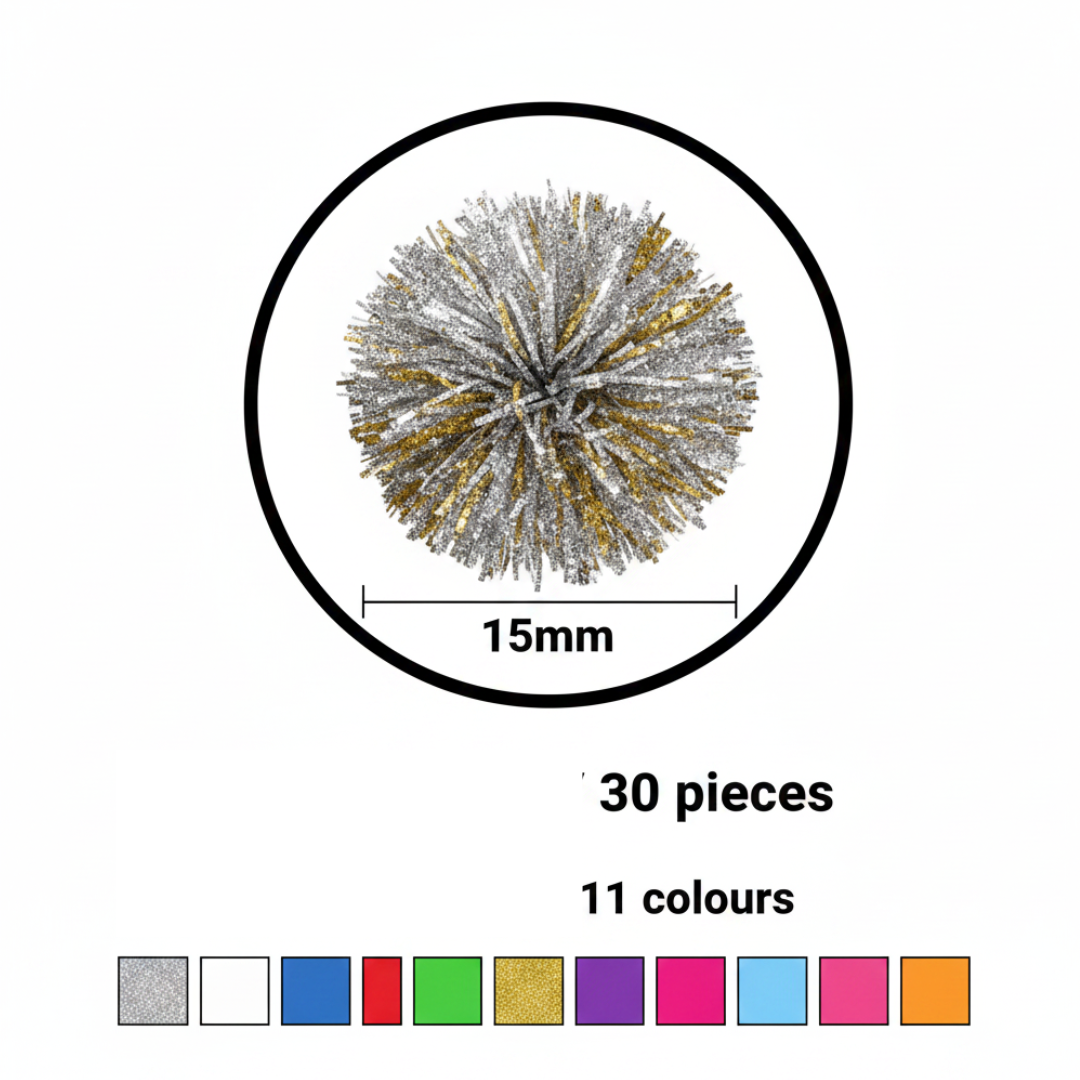 Glitter Pom Poms 15mm Set 30pcs 11 Colours - Πομ Πομ Glitter Χειροτεχνία DIY