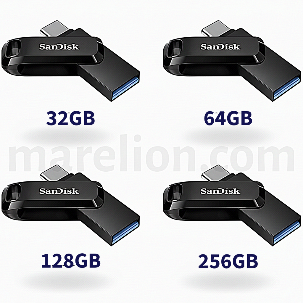 Four SanDisk USB flash drives in different capacities on a white background