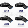 Four SanDisk USB flash drives in different capacities on a white background