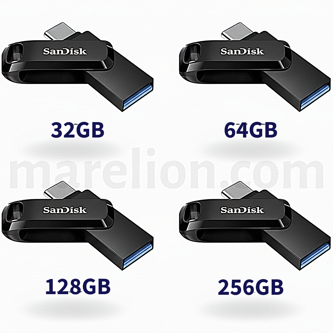 Four SanDisk USB flash drives in different capacities on a white background
