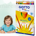 Giotto Elios colored pencils set with a child holding a pencil on a light green background