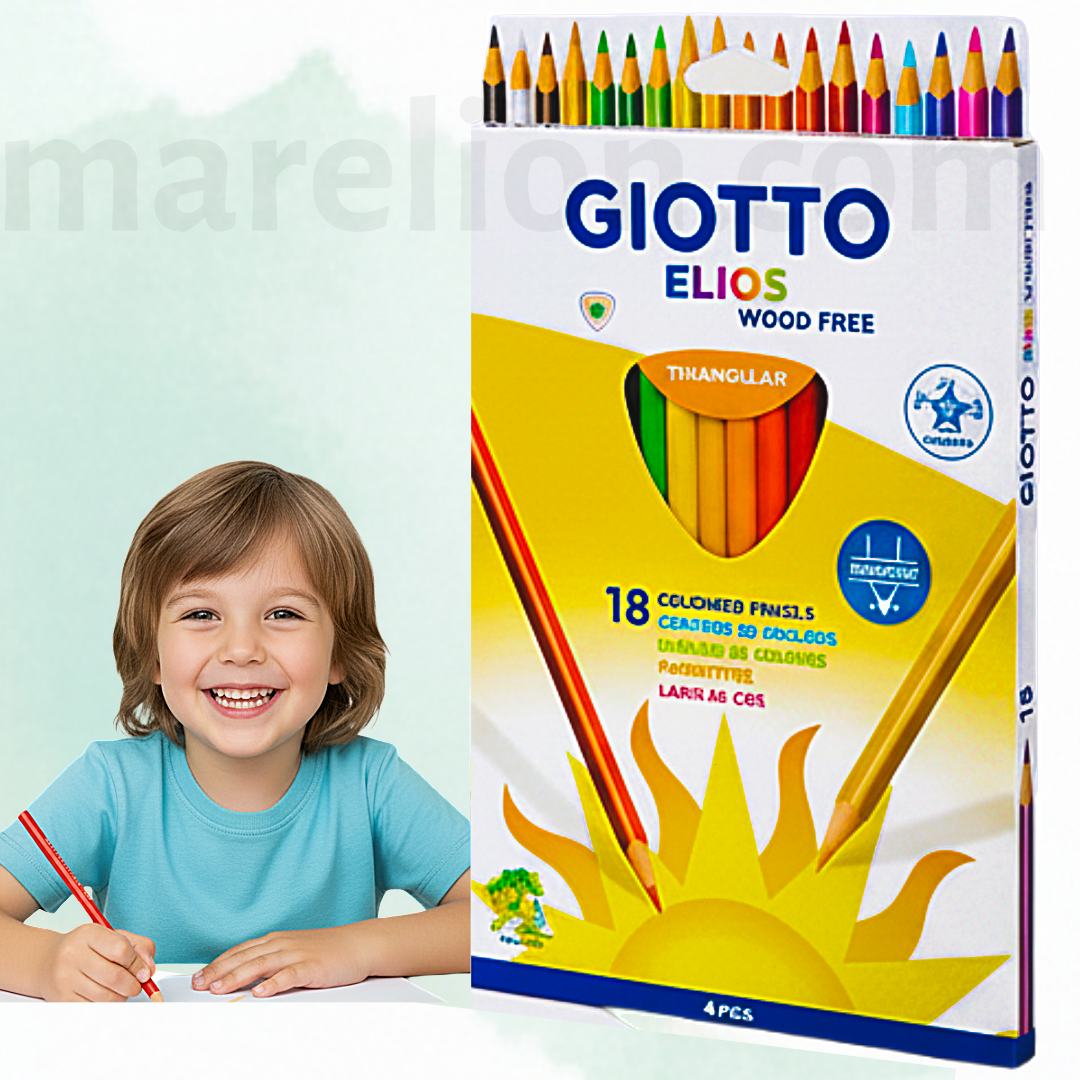 Giotto Elios colored pencils set with a child holding a pencil on a light green background