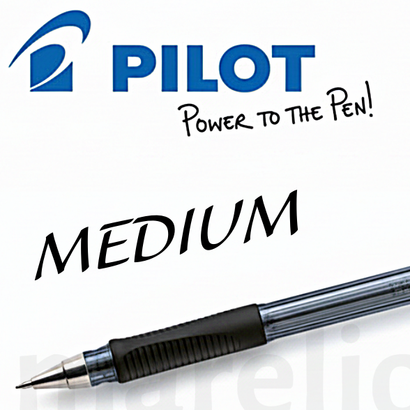 Pilot BPS-GP pens in black, blue, red, and green with '1.0 mm' and 'Medium' text on a white background.