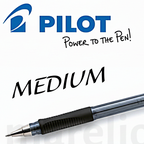 Pilot BPS-GP pens in black, blue, red, and green with '1.0 mm' and 'Medium' text on a white background.