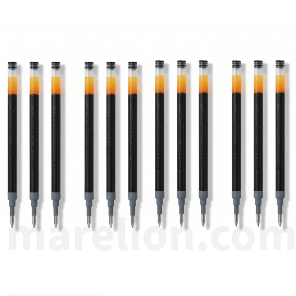 Row of black pens with orange and gray accents on a white background