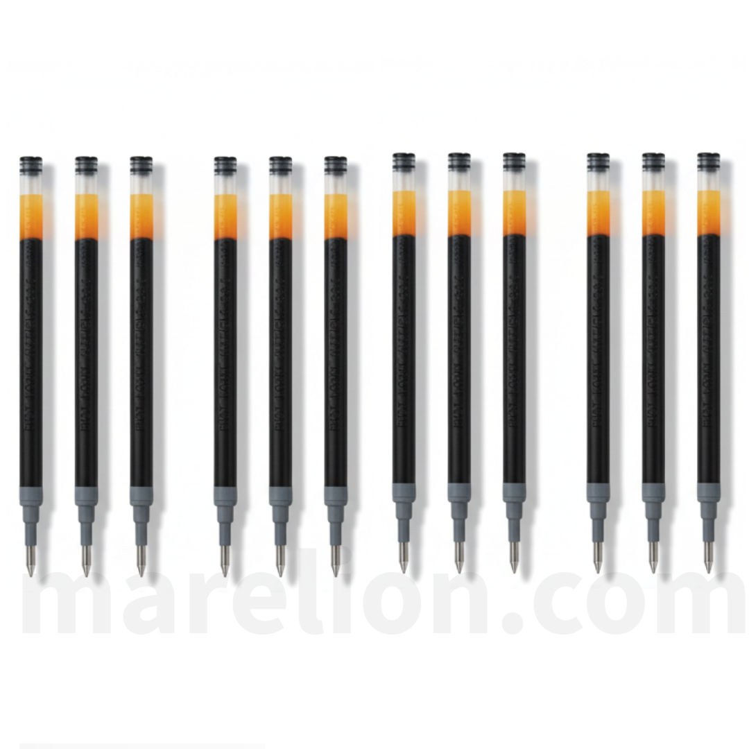 Row of black pens with orange and gray accents on a white background