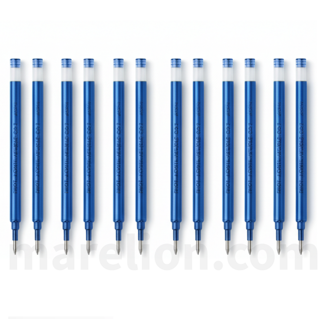 Row of blue pen refills on a white background