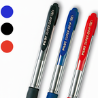 Three Pilot Super Grip pens in black, blue, and red with visible branding and pen tip size on a white background.