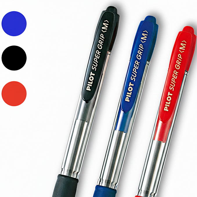 Three Pilot Super Grip pens in black, blue, and red with visible branding and pen tip size on a white background.