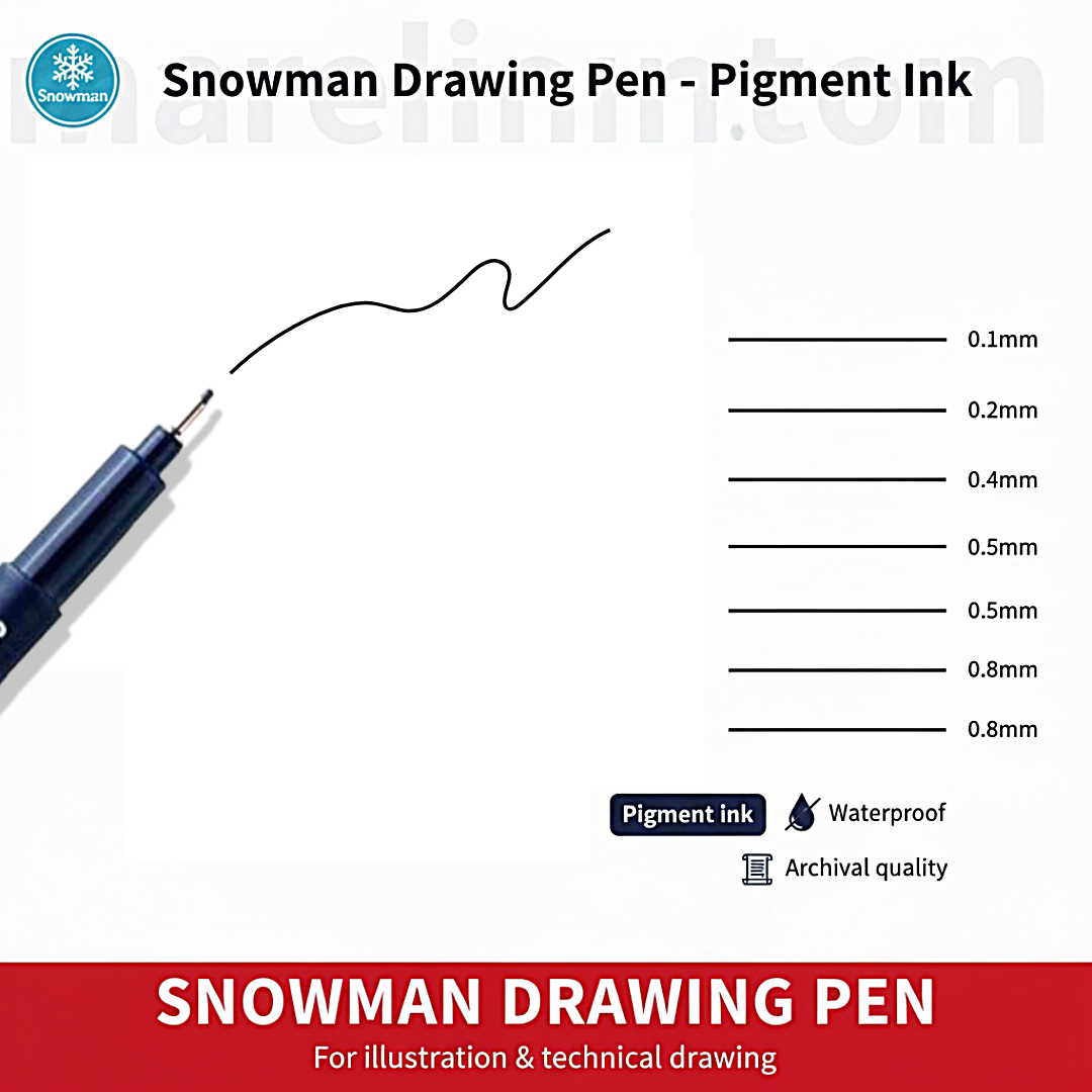 Snowman Drawing Pens Set 0.1mm - 0.8mm Black - Πενάκια Σχεδίου Τέχνη Ζωγραφική, Μαύρο, σε 8 Μεγέθη