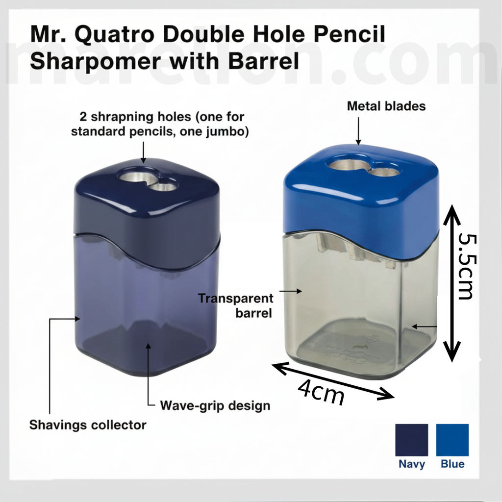 Quatro Double Hole Pencil Sharpener with Barrel 2 Colours - Ξύστρα Διπλή με Δοχείο