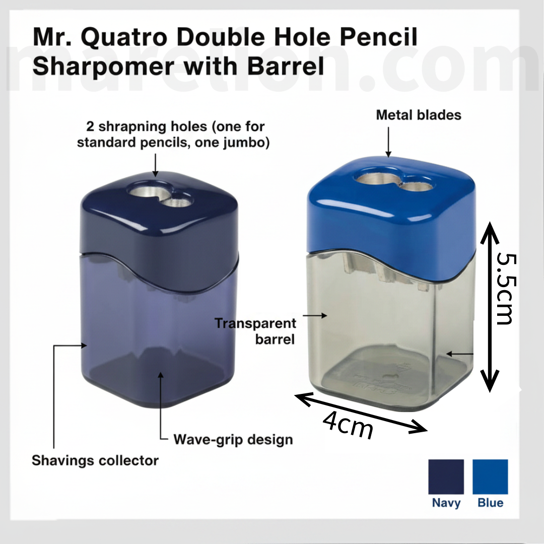 Quatro Double Hole Pencil Sharpener with Barrel 2 Colours - Ξύστρα Διπλή με Δοχείο