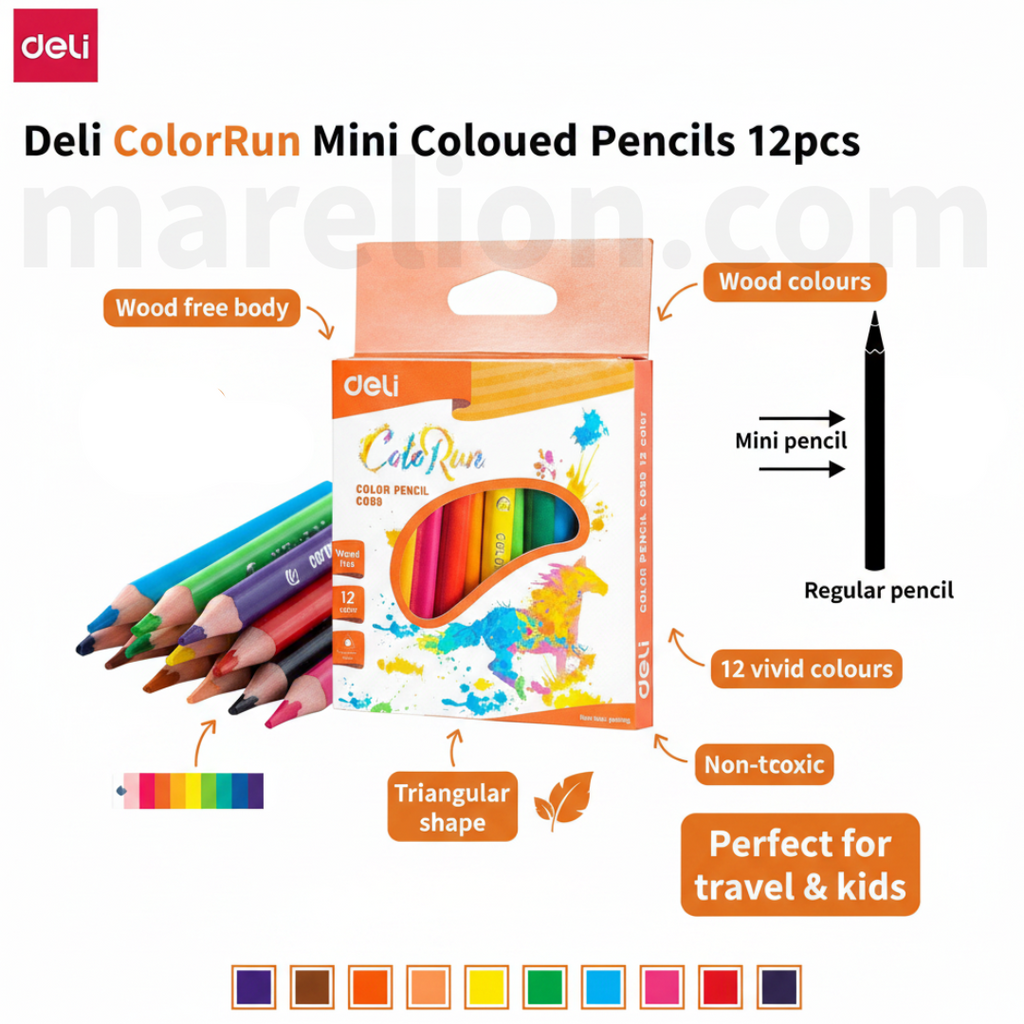 Deli Mini Triangular Coloured Pencils 12pcs 9x9cm Pack - Μίνι Τριγωνικά Χρωματιστά Μολύβια