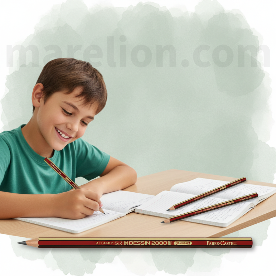 Child writing with a pencil at a desk, surrounded by Faber-Castell products.
