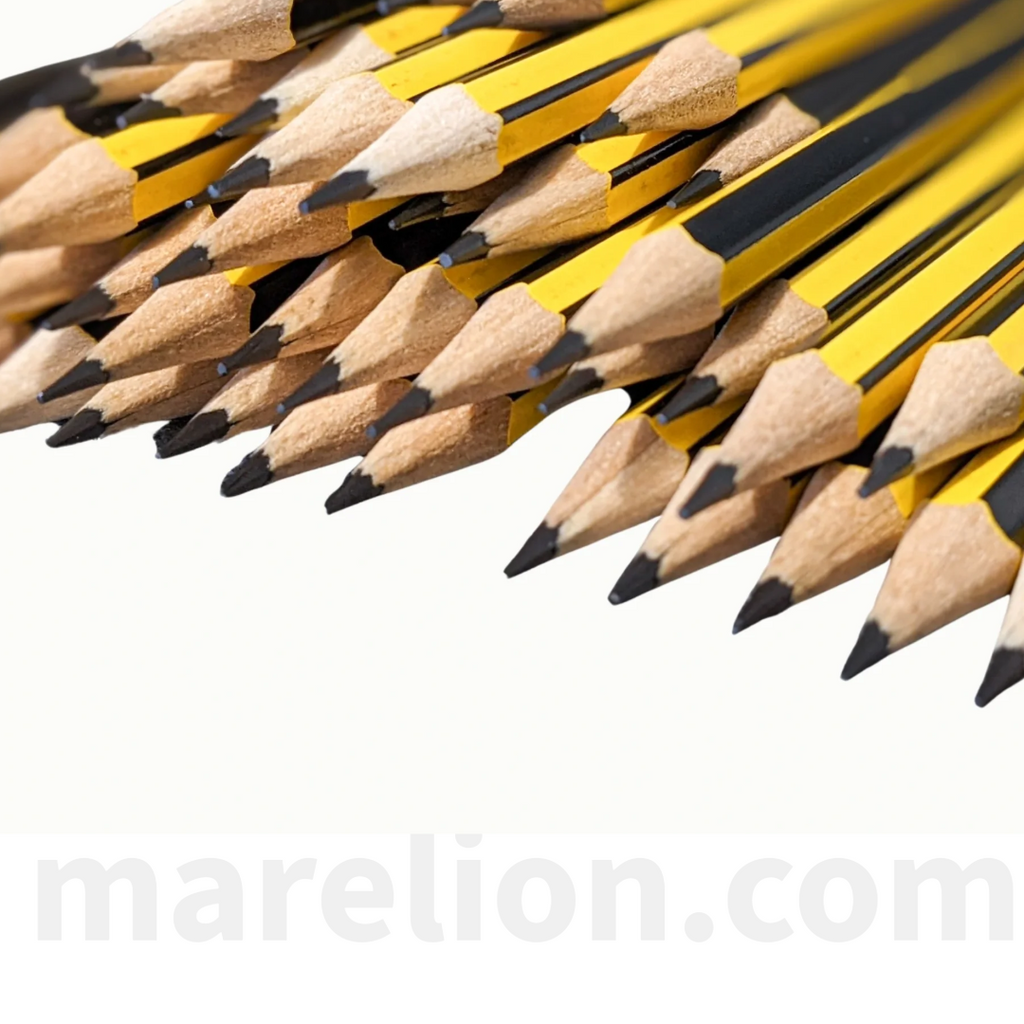 Close-up of multiple yellow pencils with black tips on a white background, featuring the brand 'marelion.com'.