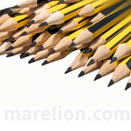 Close-up of multiple yellow pencils with black tips on a white background, featuring the brand 'marelion.com'.