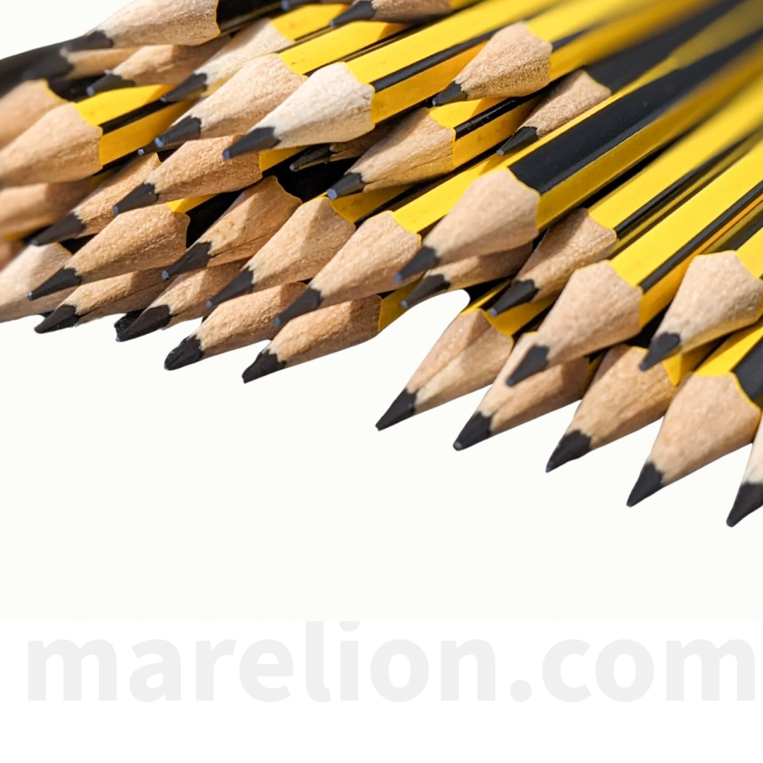 Close-up of multiple yellow pencils with black tips on a white background, featuring the brand 'marelion.com'.