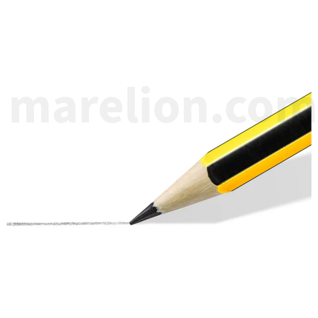 Pencil with a yellow and black striped eraser on a white background, featuring the brand 'marelion.com'.