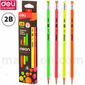Neon-colored pencils with packaging and Deli Stationery branding on a white background