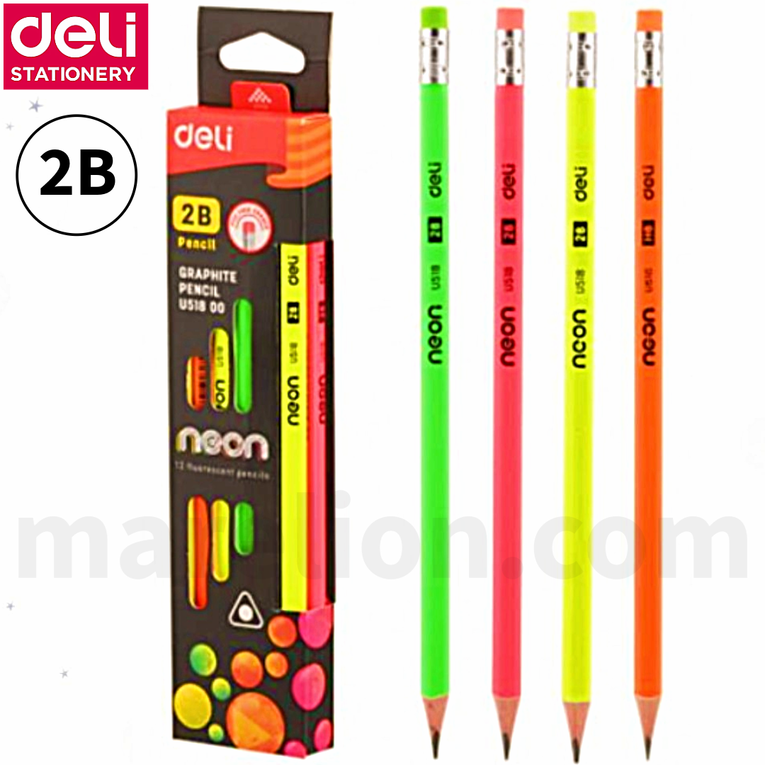 Neon-colored pencils with packaging and Deli Stationery branding on a white background