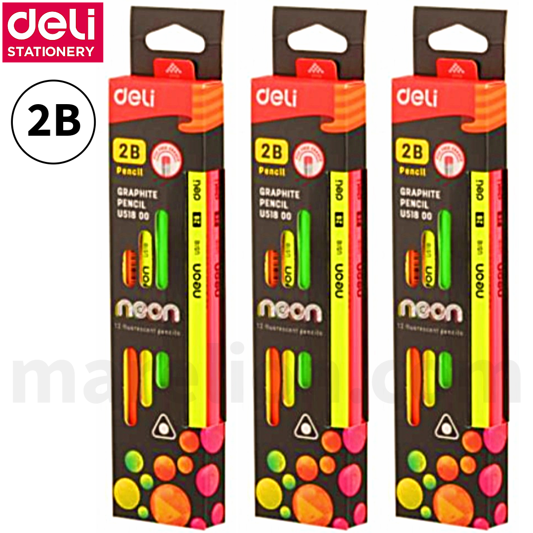 Three packages of Deli Stationery neon 2B pencils on a white background