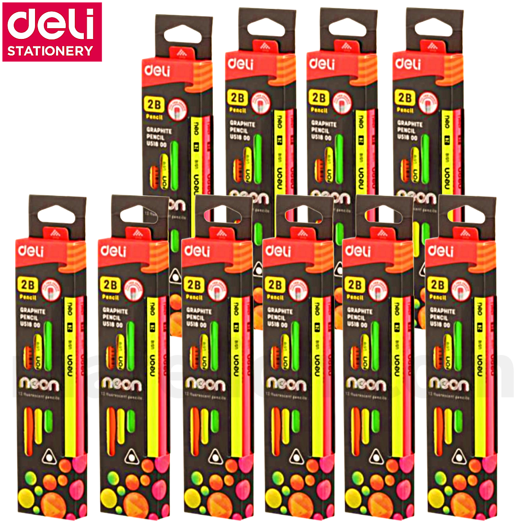 Multiple packages of Deli Stationery neon pencils on a white background