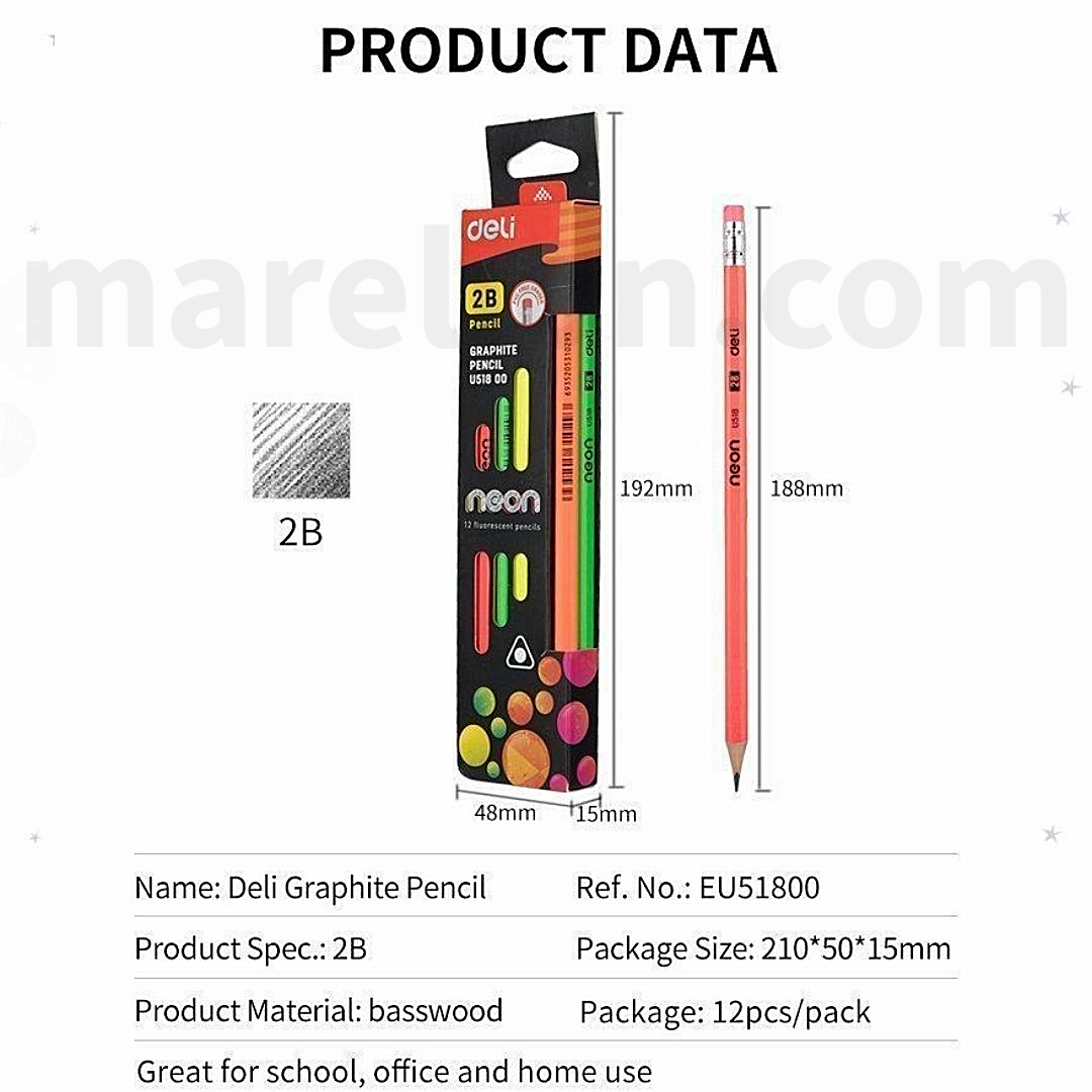 Deli graphite pencil packaging with dimensions and product details on a white background