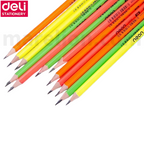 Neon-colored pencils with 'Deli Stationery' logo on a white background
