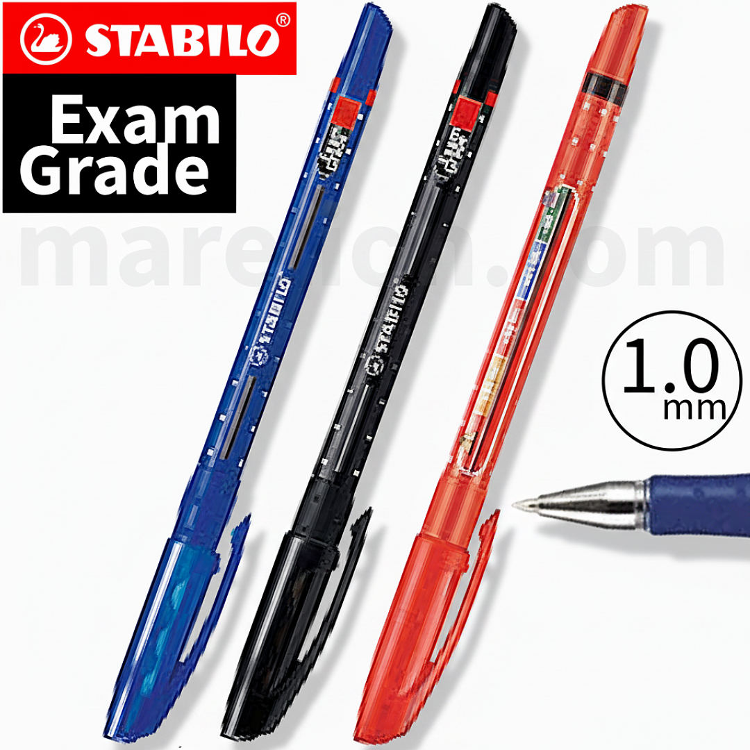 Three Stabilo Exam Grade pens in blue, black, and red on a white background with 'Stabilo' branding.