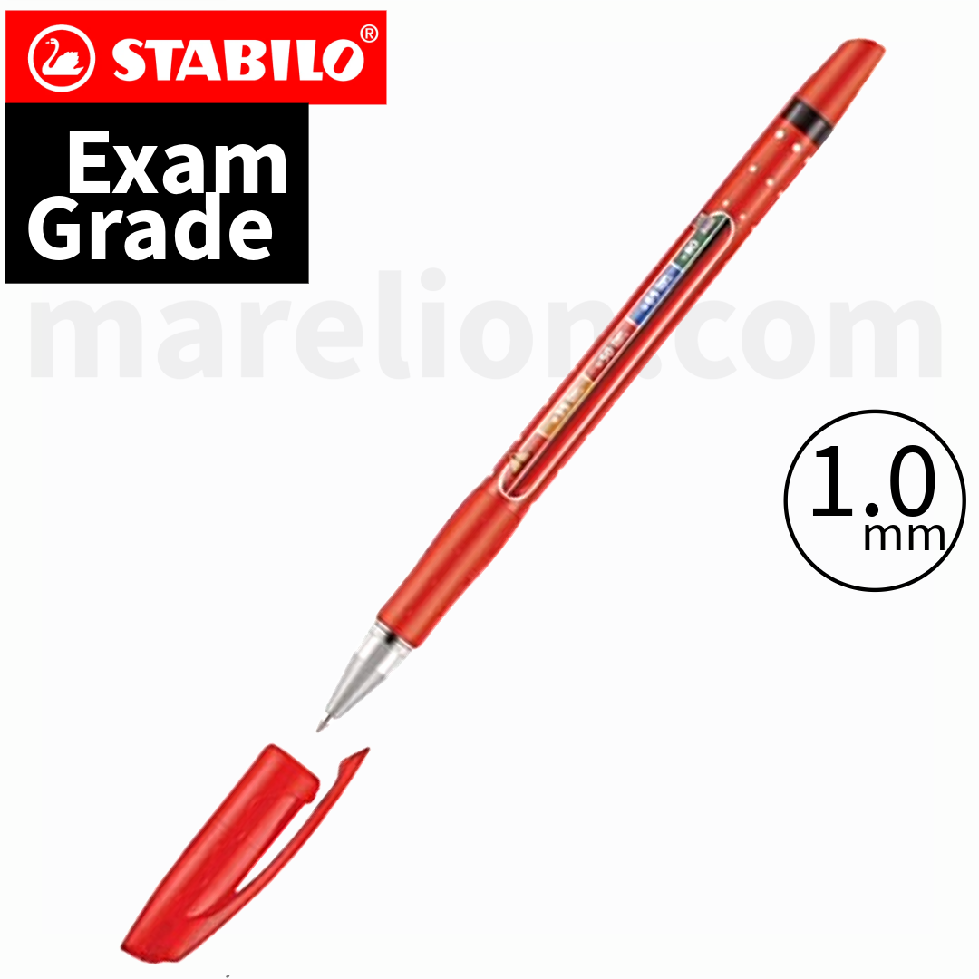 Red Stabilo Exam Grade pen with cap off on a white background