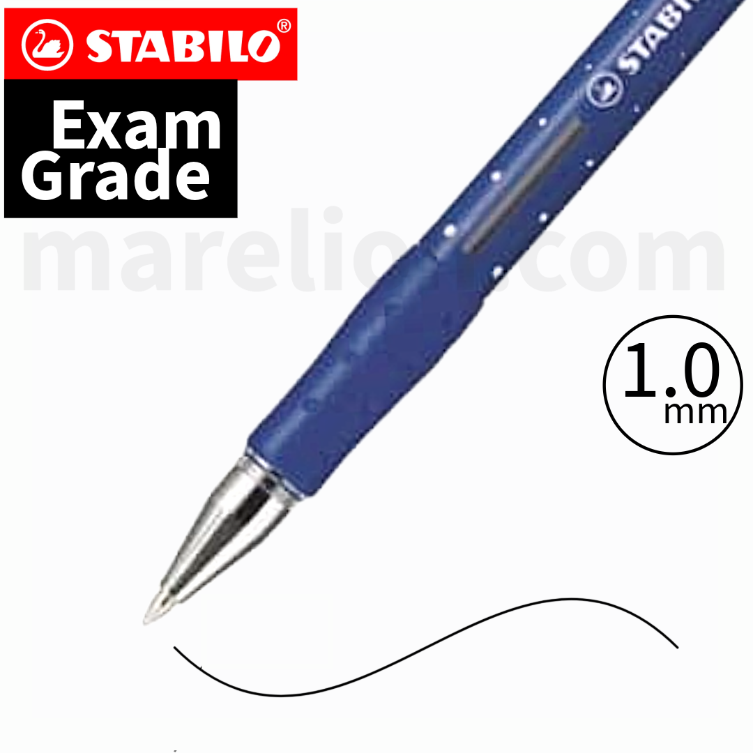 Blue Stabilo Exam Grade pen with a 1.0mm line on a white background