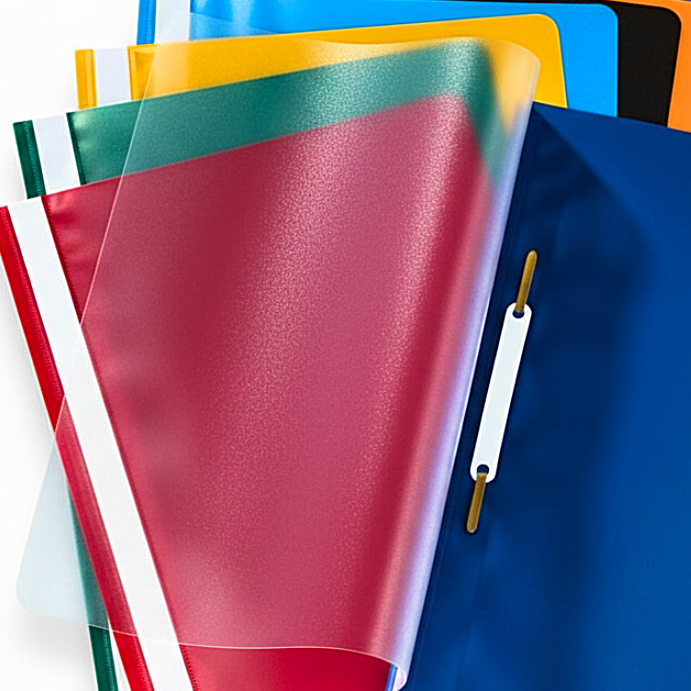 Colorful binders stacked on a white background