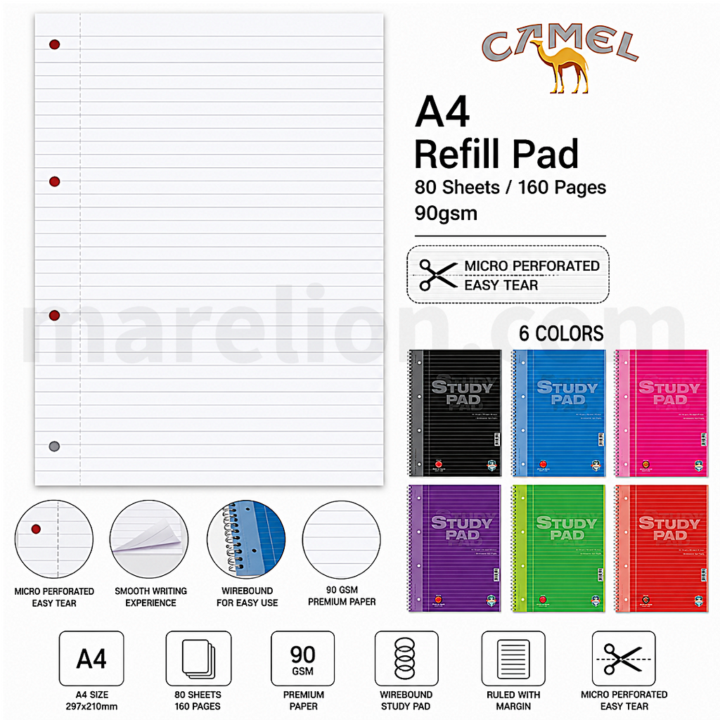 Camel Refill Pad A4, 80 Sheets / 160 Pages 90gsm Wirebound Study Pad 6 Colors - Ανταλλακτικά Κρίκ Ρεφίλς - ΧΟΝΔΡΙΚΗ ΠΩΛΗΣΗ
