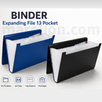 Two expanding file folders, one blue and one black, on a white background with text and icons indicating features.