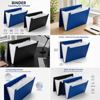 Collage of a blue and black expanding file with 13 pockets on a desk.