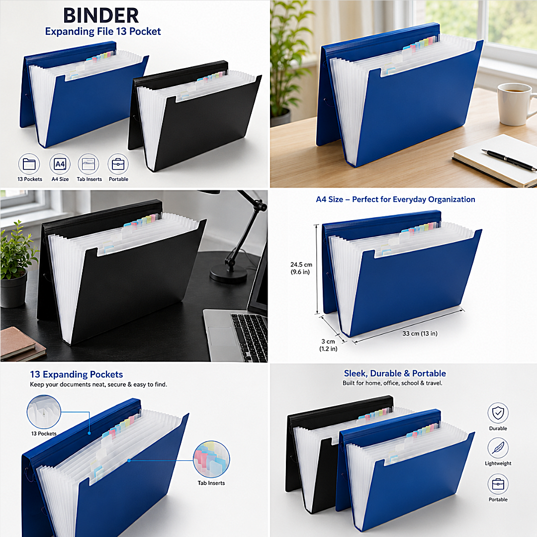 Collage of a blue and black expanding file with 13 pockets on a desk.