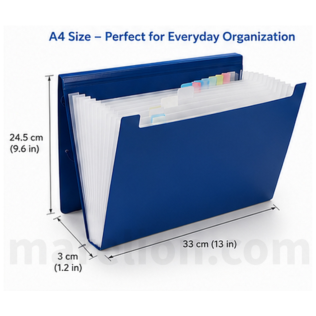 Blue A4 size organizer with labeled dimensions on a white background