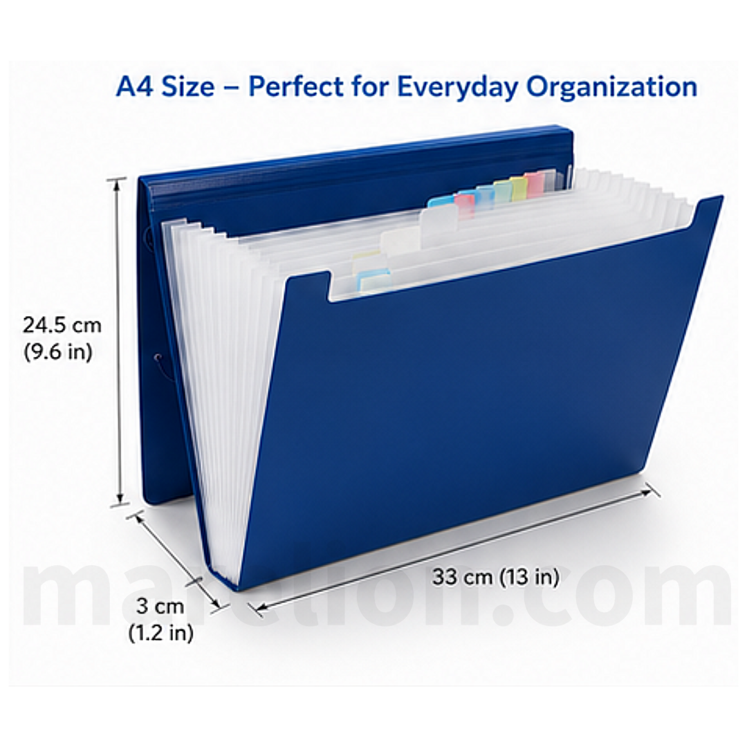 Blue A4 size organizer with labeled dimensions on a white background