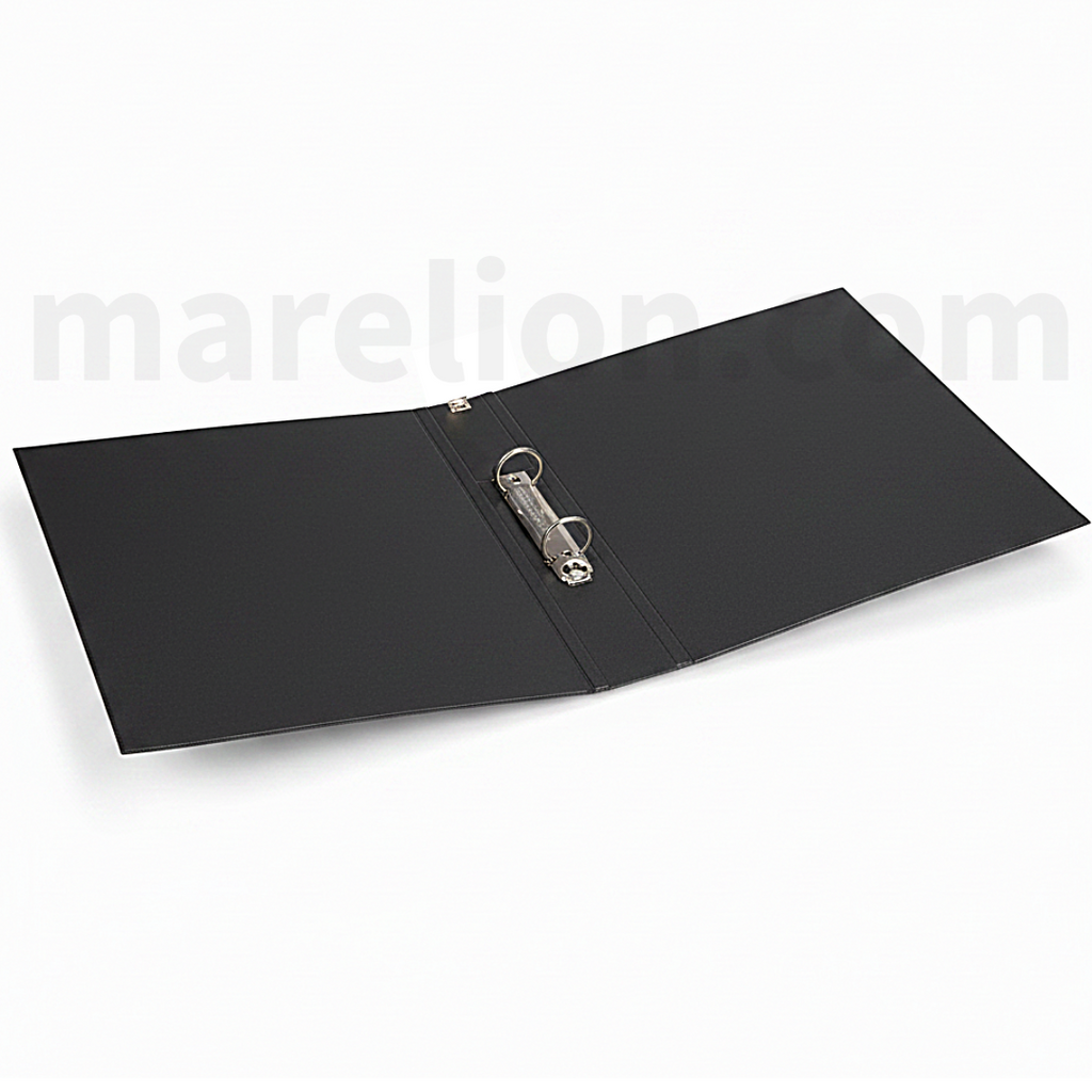 Black binder with a metal ring on a white background